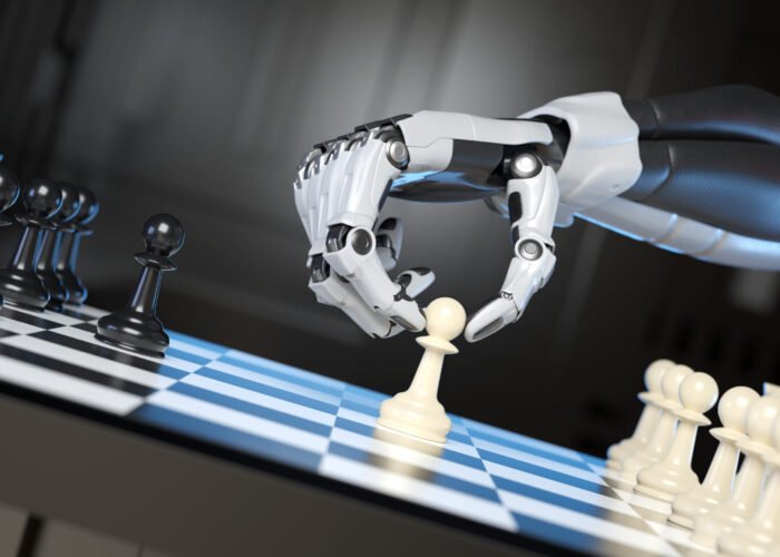 Sci-Fi cyborg playing a game of chess. 3D illustration